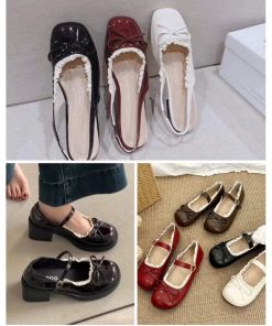 Giày Mary Jane viền ren nơ bướm patent leather Lolita style