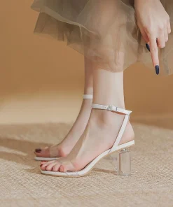 Giày Cao Gót Nữ 7p Mũi Tròn Gót Trong Suốt Thời Trang